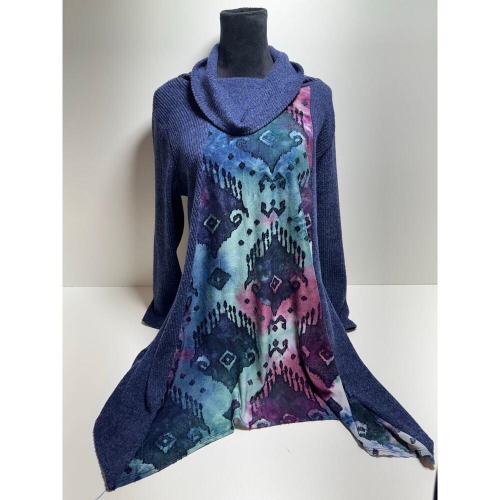 Cal Style Blue Purple Mix Media Print Cowl Neck Tunic Sweater Sz Large Boho